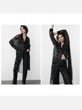 Zara Black Sheer Embroidered Long Shirt